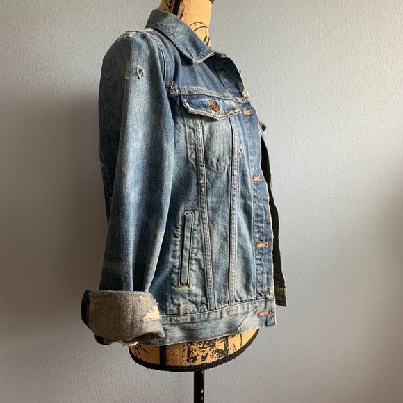 Madewell Distressed Printer Wash Jean Jacket M - Picture 5 of 9